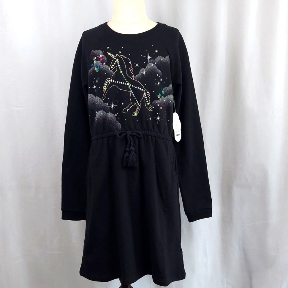 Wonder Nation Girls Long Sleeve Unicorn Sequins Dress tassel - black - L (10/12)